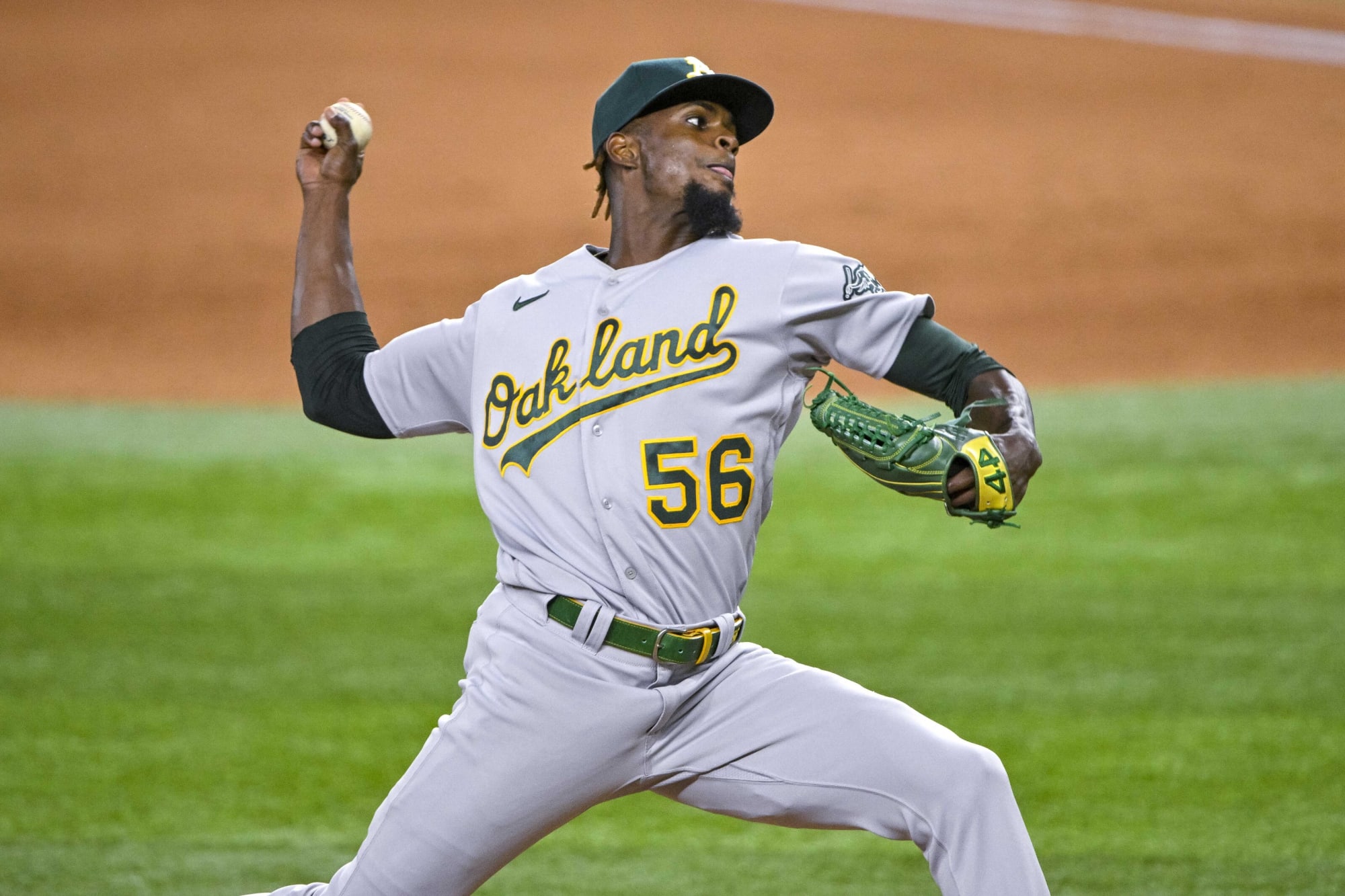 Oakland Athletics' Zach Jackson pitches against the Minnesota