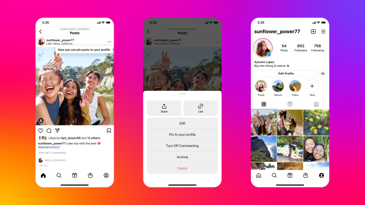 Instagram New Feature - Users Pin up to Three Posts to their Profiles At A Time