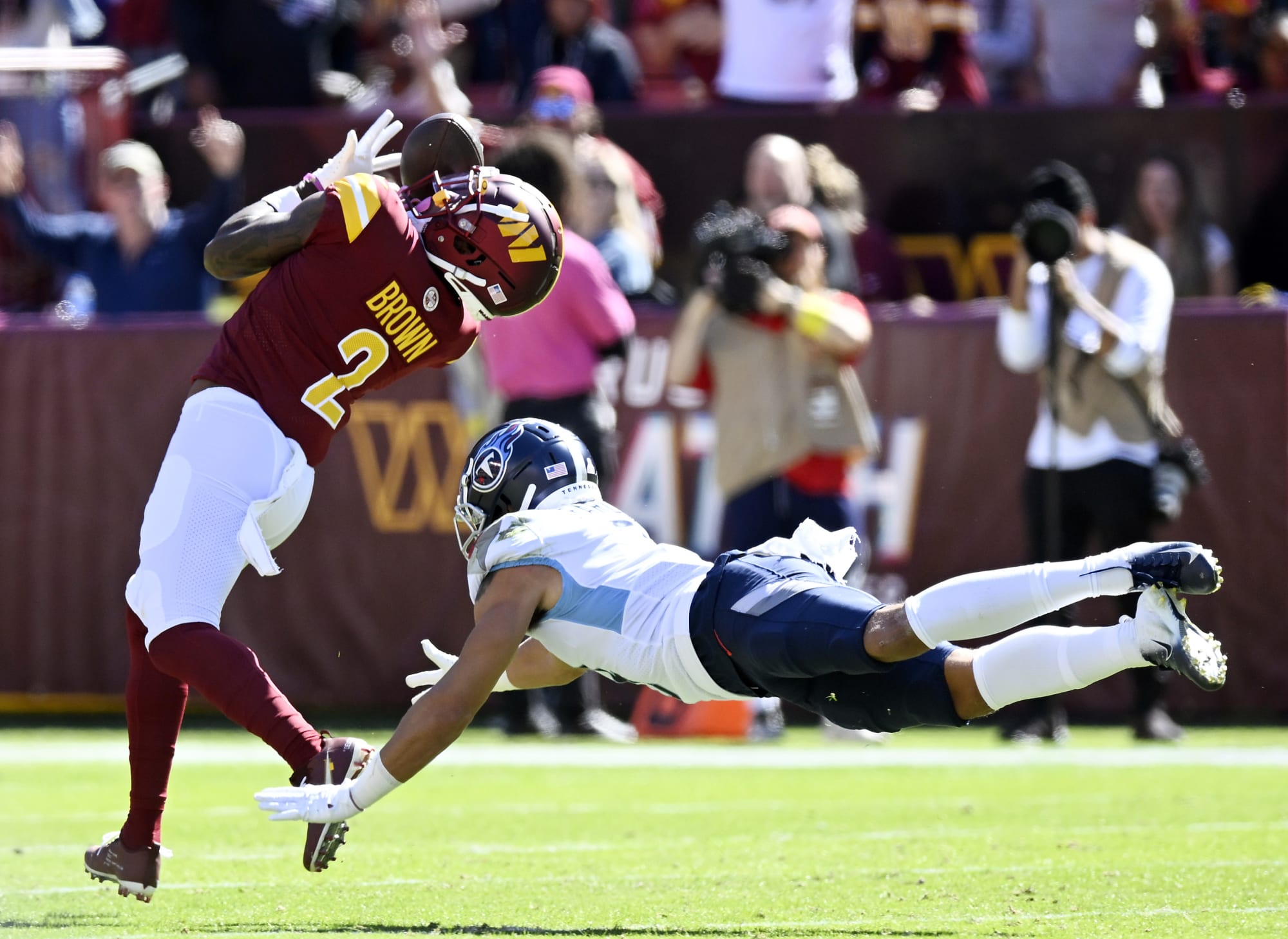 Washington Commanders WR Dyami Brown (2) catches a pass while