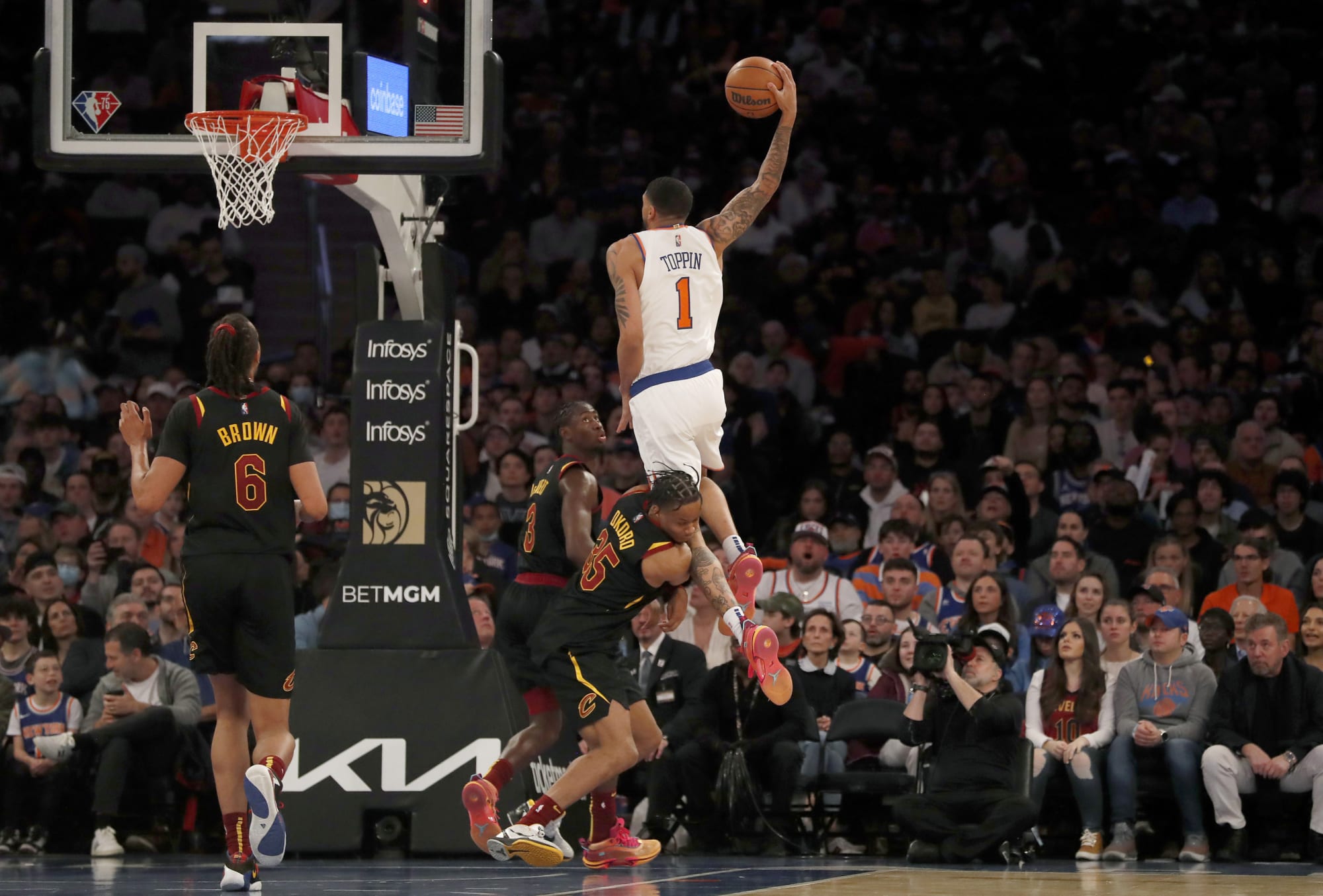 Obi Toppin New York Knicks Unsigned Windmill Dunk vs. Cavaliers in Game 5 of The 2023 NBA Playoffs Photograph