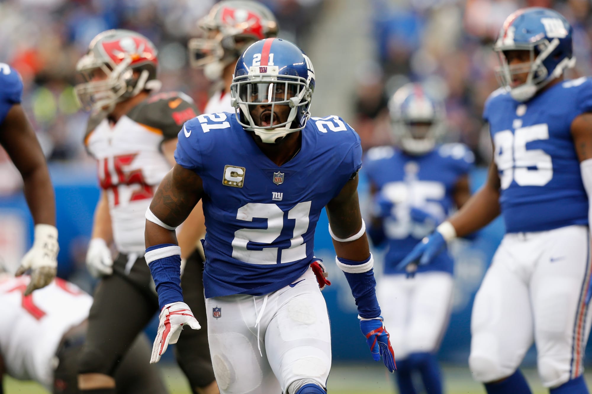 August 26, 2017, New York Giants safety Landon Collins (21) reacts prior to  the NFL game between the New York Jets and the New York Giants at MetLife  Stadium in East Rutherford